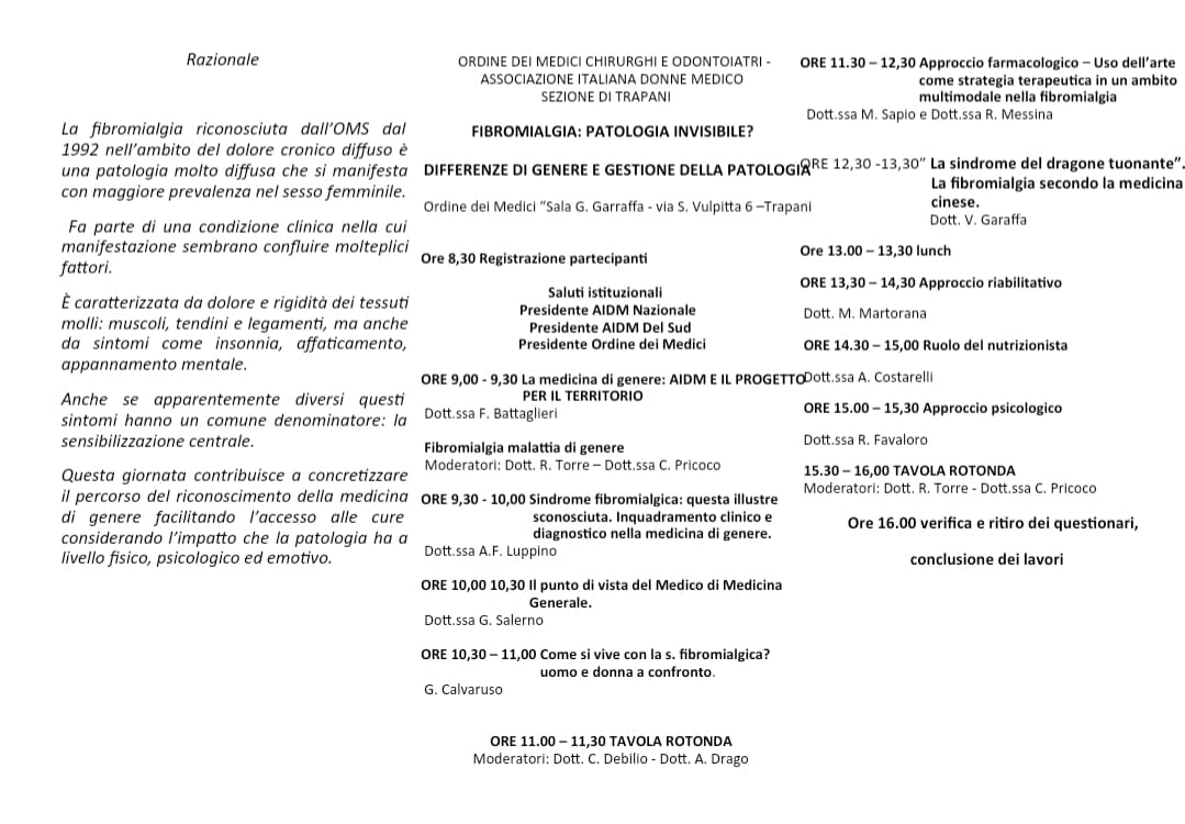 trapani 9 novembre. fibromioalgia patologia invisibile. differenze di genere e gestione